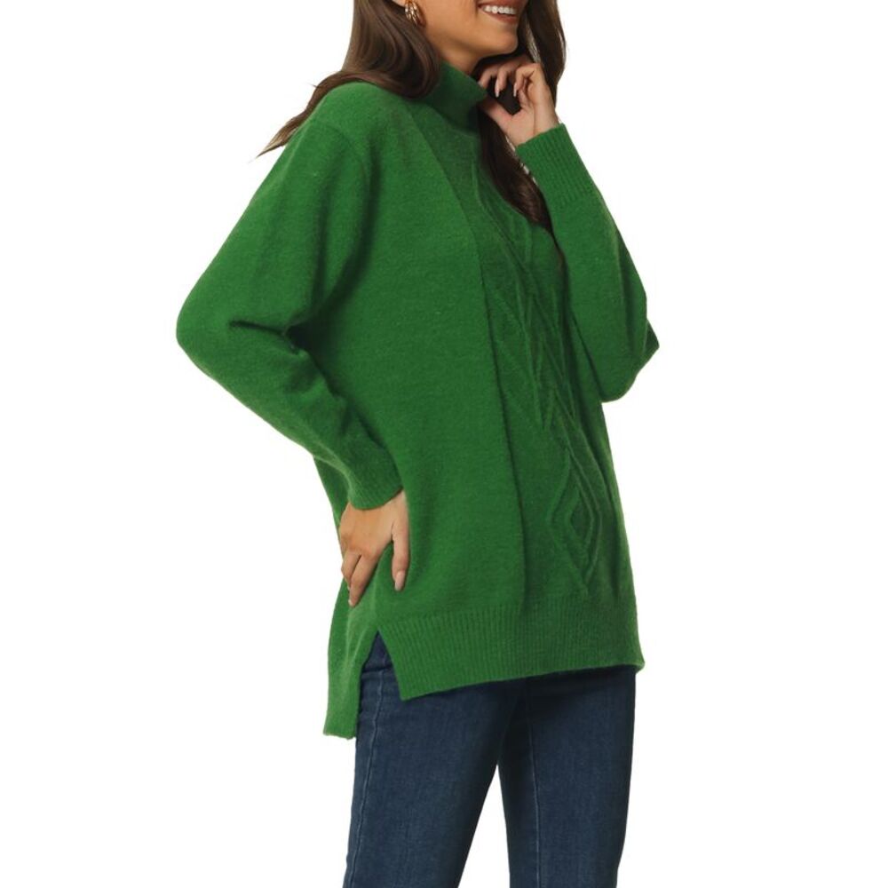 Turtleneck Sweater Spilt Hem Tunic Pullover Knit Sweater Tops Green
